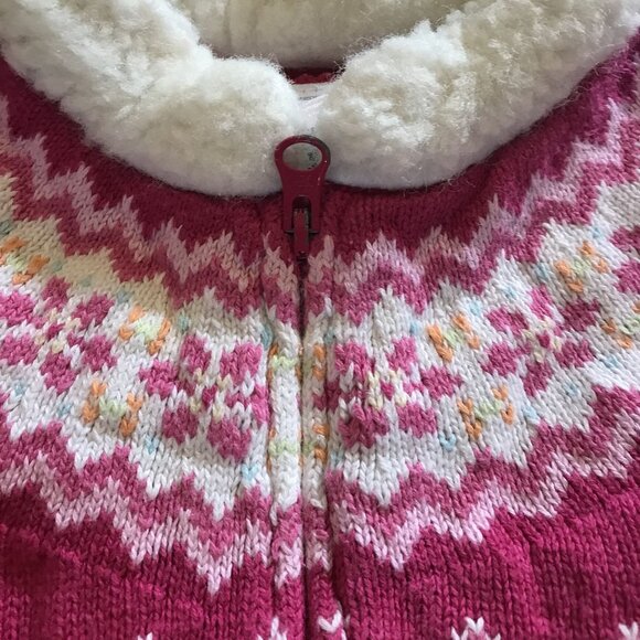 BabyGap Girls Pink Knit Cardigan Sweater W Sherpa Collar Fair Isle Pattern 6-12 - Picture 2 of 7